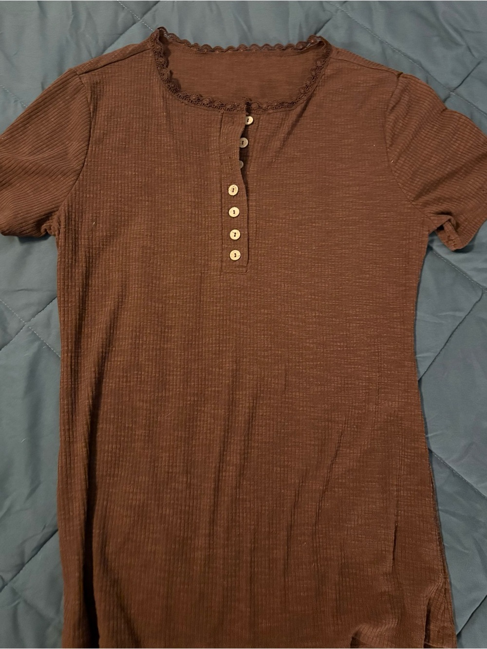 Brown Short-Sleeve Ribbed Henley Top